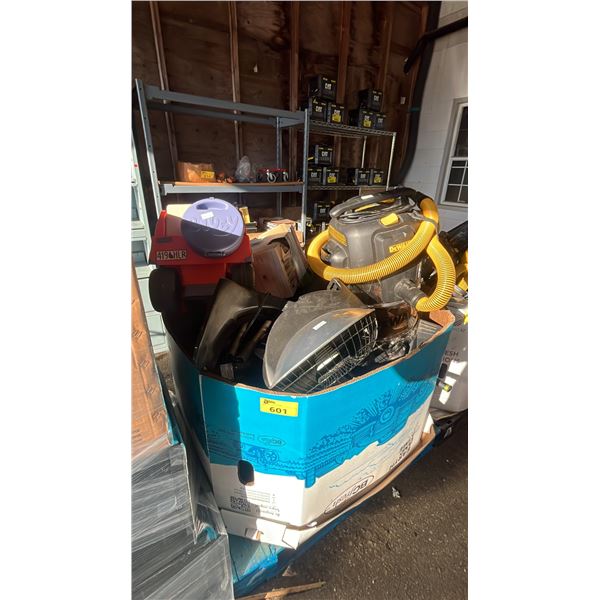 PALLET OF ASSORTED ITEMS INCLUDING; PARABOLIC HEATER, BLUEY KIDS RIDE-ON CAR, DEWALT WET/DRY VACUUM