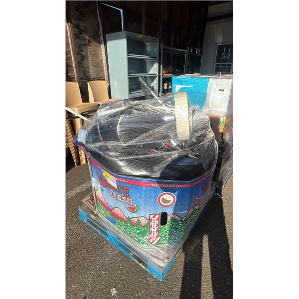 PALLET OF ASSORTED ITEMS INCLUDING; BAR STOOL, AIR FRYER, LIGHT FIXTURE & MORE