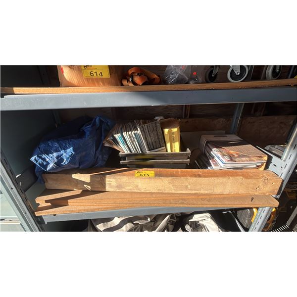 SHELF OF ASSORTED ITEMS INCLUDING; WOOD BLOCK, COLLECTIBLE TRAIN LITERATURE TARP & MORE