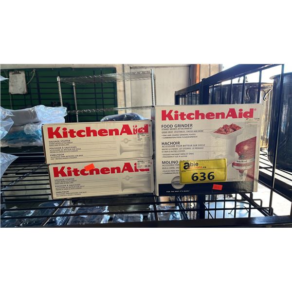 KITCHENAID FOOD GRINDER & (2) KITCHENAID SAUSAGE STUFFER STAND MIXER ATTACHMENTS