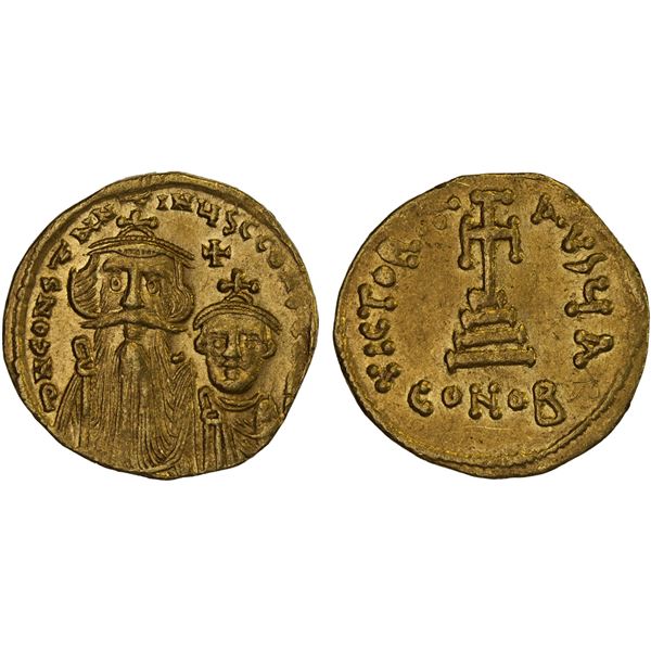 BYZANTINE EMPIRE: Constans II Pogonatus, with Constantine IV, 654-659, AV solidus (4.40g), Constanti