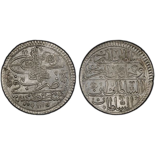 OTTOMAN: TURKEY: Ahmed III, 1703-1730, AR yirmilik, Kostantiniye, AH1115, PCGS MS64