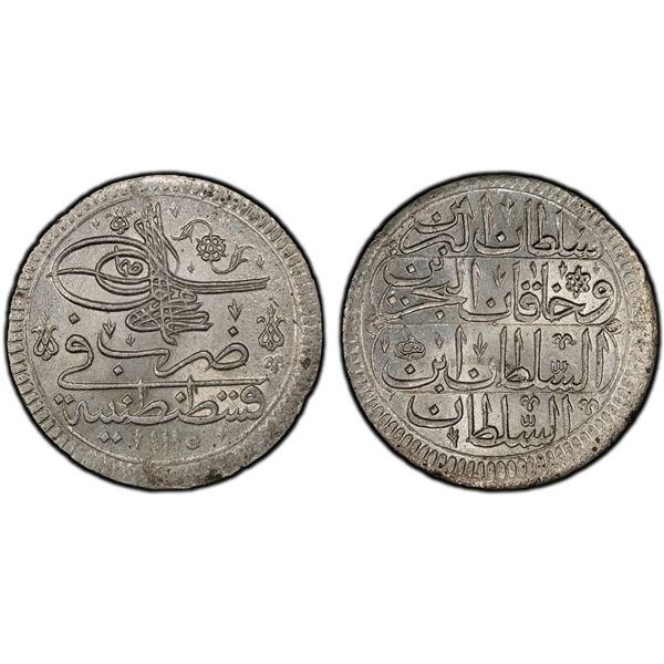 OTTOMAN: TURKEY: Ahmed III, 1703-1730, AR kurush, Kostantiniye, AH1115, PCGS MS66