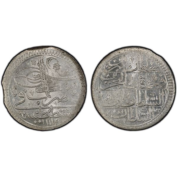 OTTOMAN: TURKEY: Ahmed III, 1703-1730, AR kurush, Kostantiniye, AH1115, PCGS MS65