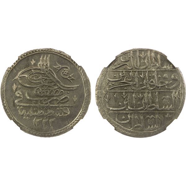 OTTOMAN: TURKEY: Mustafa IV, 1807-1808, AR piastre (40 para), Kostantiniye, AH1222 year 1, NGC MS62
