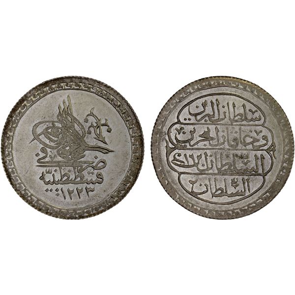 OTTOMAN: TURKEY: Mahmud II, 1808-1839, AR kurush (6.17g), Kostantiniye, AH1223 year 16, Brilliant Un