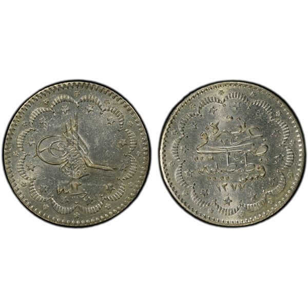 OTTOMAN: TURKEY: Abdul Aziz, 1861-1876, AR 5 kurush, Kostantiniye, AH1277 year 12, PCGS MS62