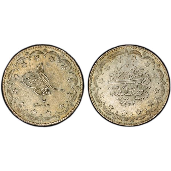 OTTOMAN: TURKEY: Abdul Aziz, 1861-1876, AR 20 kurush, Kostantiniye, AH1277 year 7, PCGS MS63