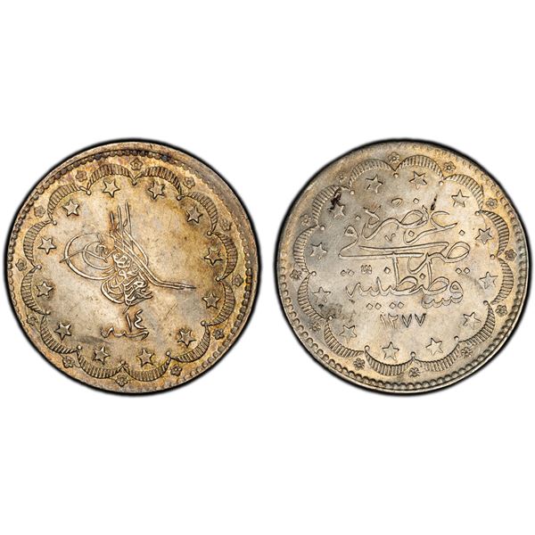 OTTOMAN: TURKEY: Abdul Aziz, 1861-1876, AR 20 kurush, Kostantiniye, AH1277 year 14, PCGS MS62