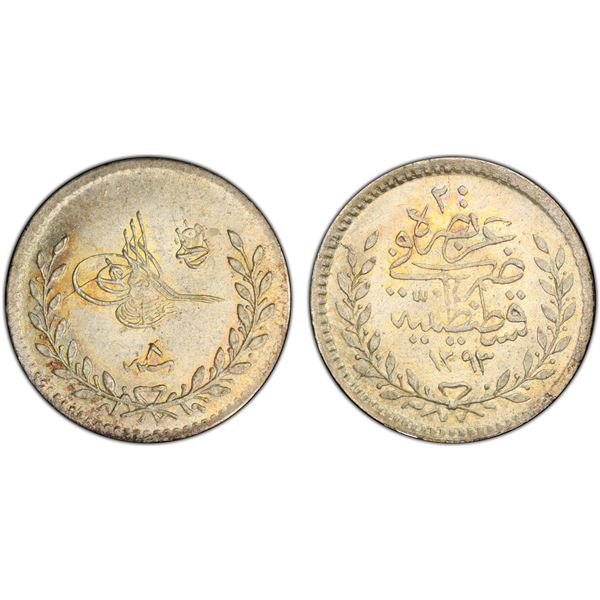 OTTOMAN: TURKEY: Abdul Hamid II, 1876-1909, AR 20 para, Kostantiniye, AH1293 year 8 (1883), PCGS MS6