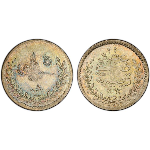 OTTOMAN: TURKEY: Abdul Hamid II, 1876-1909, AR 20 para, Kostantiniye, AH1293 year 8 (1883), PCGS MS6