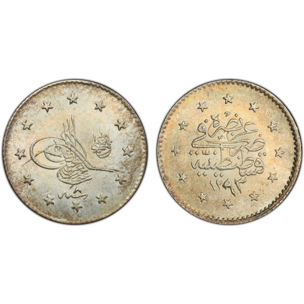 OTTOMAN: TURKEY: Abdul Hamid II, 1876-1909, AR kurush, Kostantiniye, AH1293 year 8 (1883), PCGS MS67