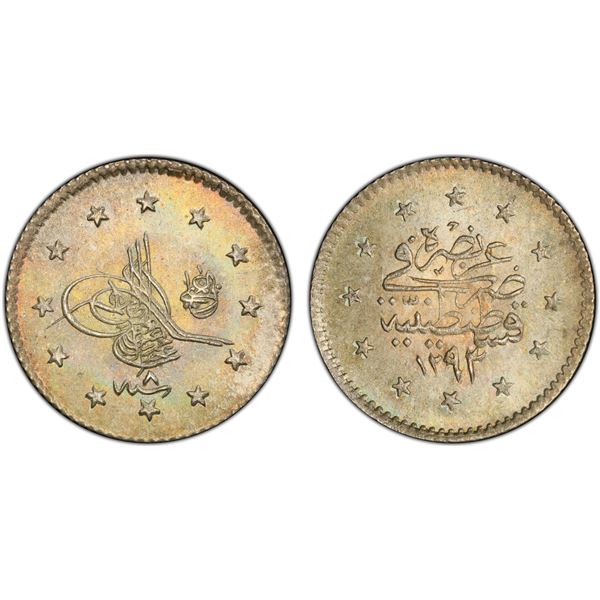 OTTOMAN: TURKEY: Abdul Hamid II, 1876-1909, AR kurush, Kostantiniye, AH1293 year 8 (1883), PCGS MS66