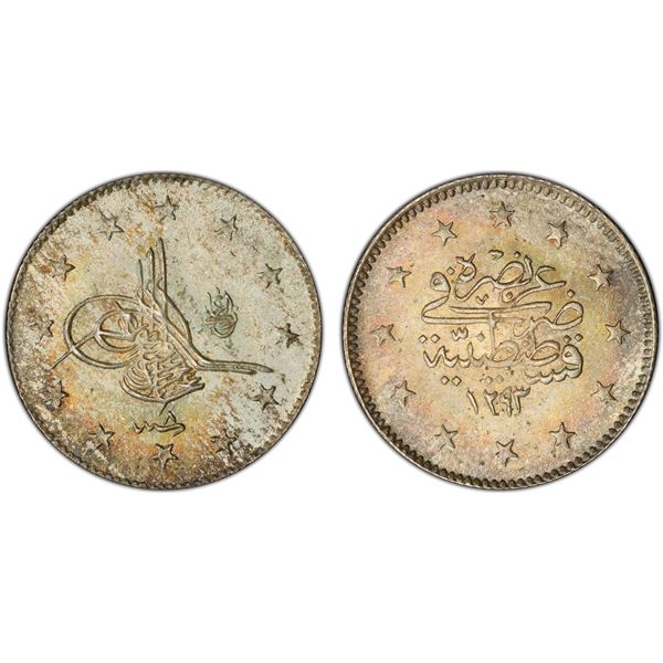 OTTOMAN: TURKEY: Abdul Hamid II, 1876-1909, AR 2 kurush, Kostantiniye, AH1293 year 8 (1883), PCGS MS