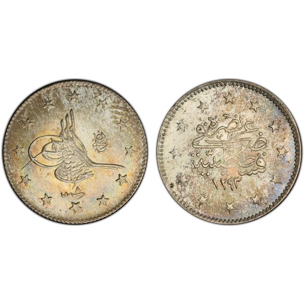 OTTOMAN: TURKEY: Abdul Hamid II, 1876-1909, AR 2 kurush, Kostantiniye, AH1293 year 8 (1883), PCGS MS