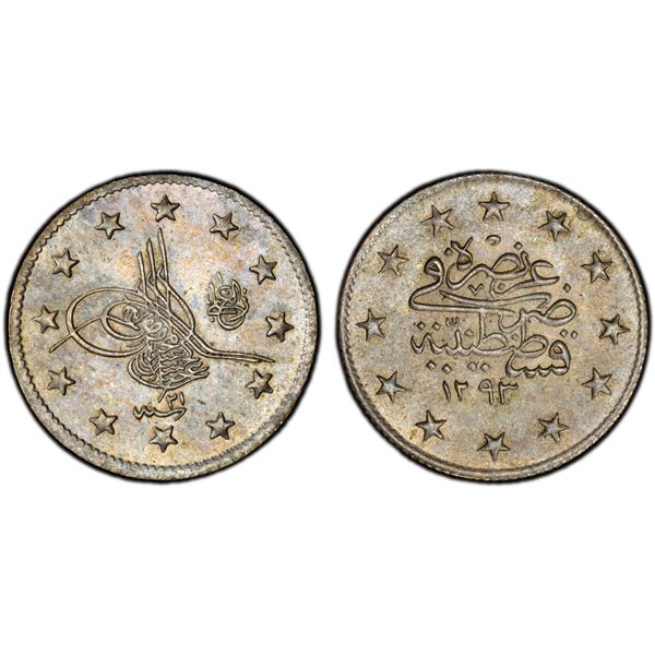 OTTOMAN: TURKEY: Abdul Hamid II, 1876-1909, AR 2 kurush, Kostantiniye, AH1293 year 21 (1896), PCGS M