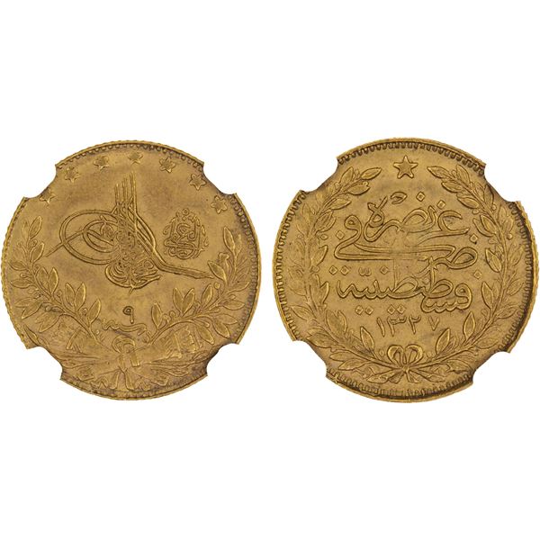 OTTOMAN: TURKEY: Mehmet V, 1909-1918, AV 50 kurush, Kostantiniye, AH1327 year 9, NGC MS63