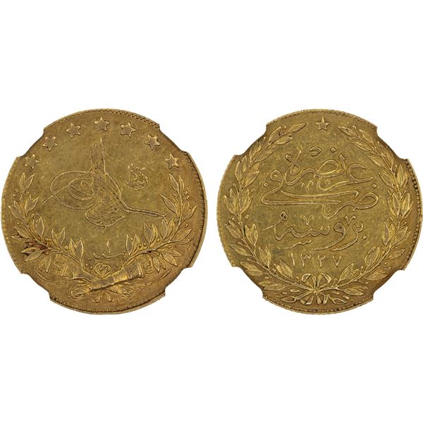 OTTOMAN: TURKEY: Mehmet V, 1909-1918, AV 100 kurush, Bursa, AH1327 year 1, NGC AU53