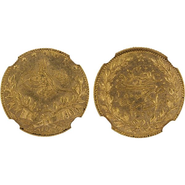 OTTOMAN: TURKEY: Mehmet V, 1909-1918, AV 50 kurush, Edirne, AH1327 year 2, NGC MS63