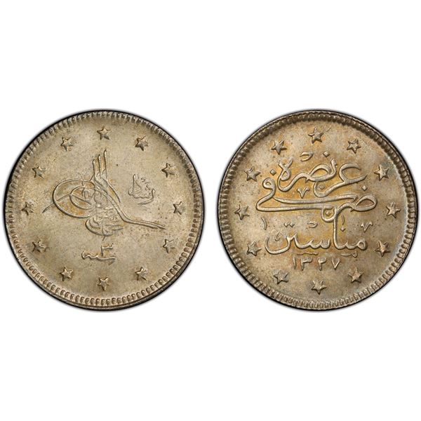 OTTOMAN: TURKEY: Mehmet V, 1909-1918, AR 2 kurush, Manastir, AH1327 year 3, PCGS MS64