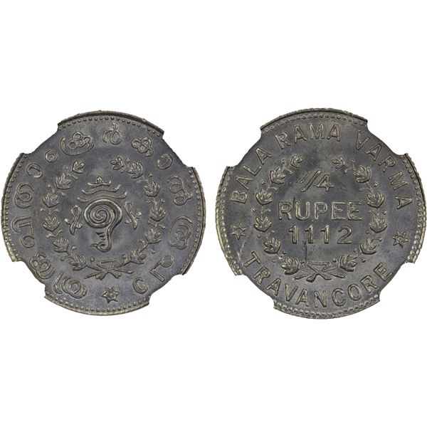TRAVANCORE: Bala Rama Varma II, 1924-1949, AR 1/4 rupee, ME1112 (1937), NGC MS65