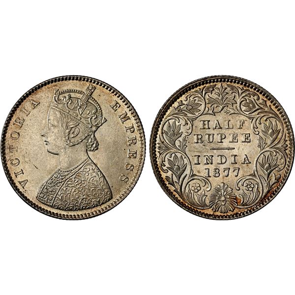 BRITISH INDIA: Victoria, Empress, 1876-1901, AR 1/2 rupee, 1877(c), PCGS MS64