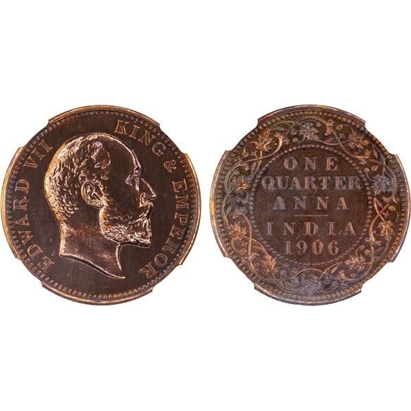 BRITISH INDIA: Edward VII, 1901-1910, AE 1/4 anna, 1906, NGC Proof 64 RB