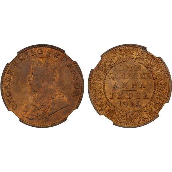 BRITISH INDIA: George V, 1910-1936, AE 1/4 anna, 1924(b), NGC MS67 RD