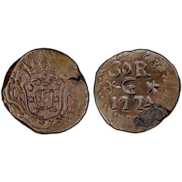 PORTUGUESE INDIA: GOA: José I, 1750-1777, AE 1/2 tanga (30 reis) (20.54g), 1774, PCGS VF35