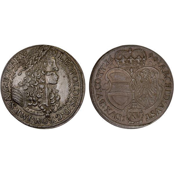 AUSTRIA: Leopold I, 1657-1705, AR 15 kreuzer (6.28g), Hall, 1690, XF-AU