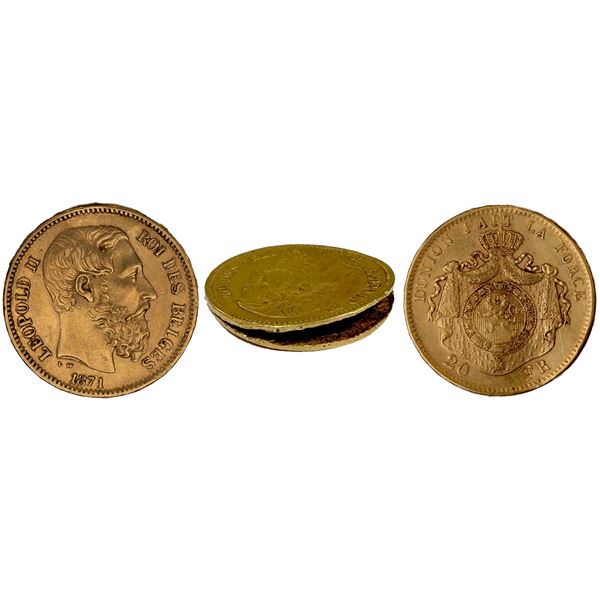 BELGIUM: Leopold II, 1865-1909, AV 20 francs, 1871, XF