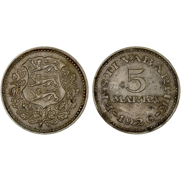 ESTONIA: Republic, 5 marka, 1926, XF