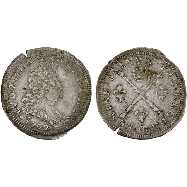 FRANCE: Louis XIV, 1643-1715, AR 5 sols, 1702-BB, About XF