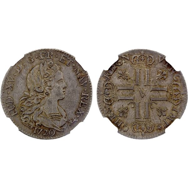 FRANCE: Louis XV, 1715-1774, AR petit louis d'argent (1/3 ecu), Paris, 1720-A, NGC AU58
