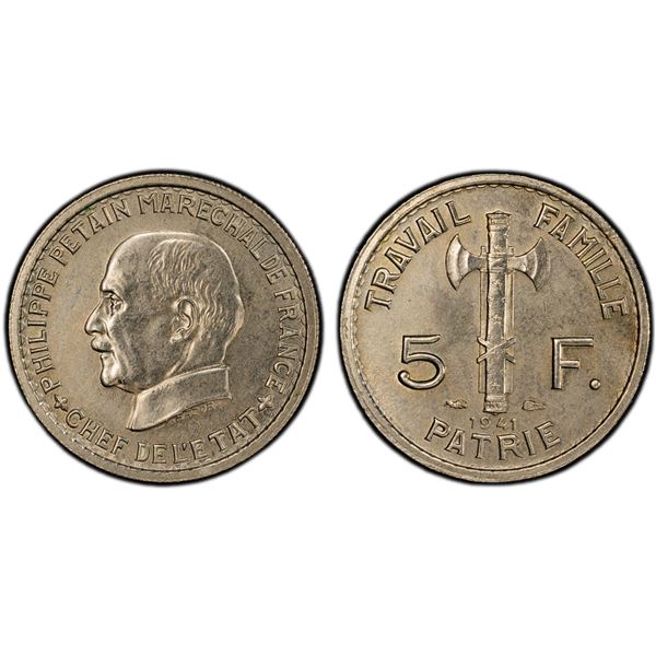 FRANCE: Vichy State, 5 francs, 1941, PCGS MS63