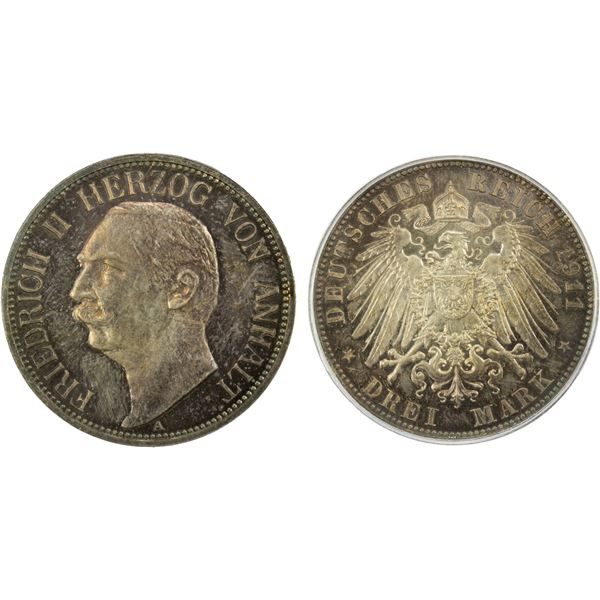 ANHALT-DESSAU: Friedrich II, 1904-1918, AR 3 mark, Berlin, 1911-A, PCGS Proof 66