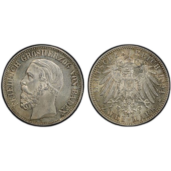 BADEN: Friedrich I, 1858-1907, AR 2 mark, 1894-G, PCGS MS63