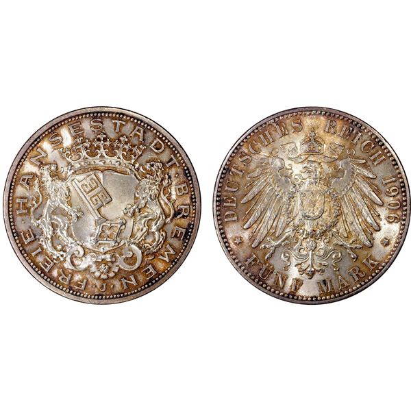 BREMEN: Free City, AR 5 mark, Hamburg, 1906-J, PCGS MS65