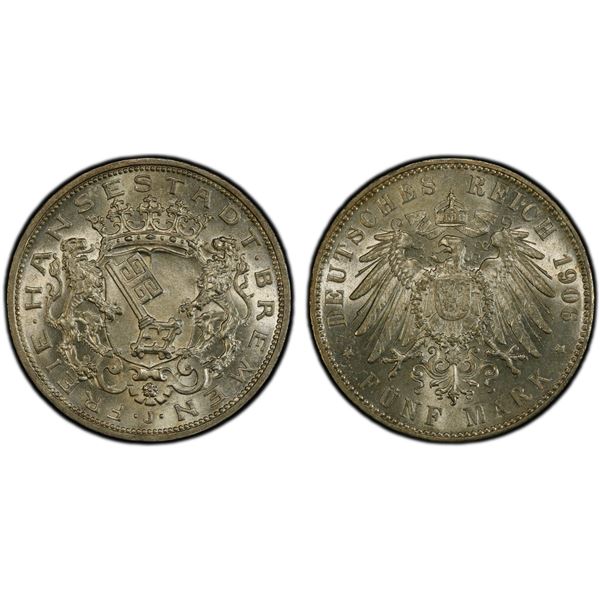 BREMEN: Free City, AR 5 mark, Hamburg, 1906-J, PCGS MS64