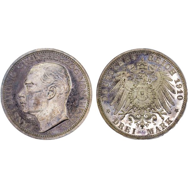 HESSE-DARMSTADT: Ernst Ludwig, 1892-1918, AR 3 mark, Berlin, 1910-A, ANACS Proof 67