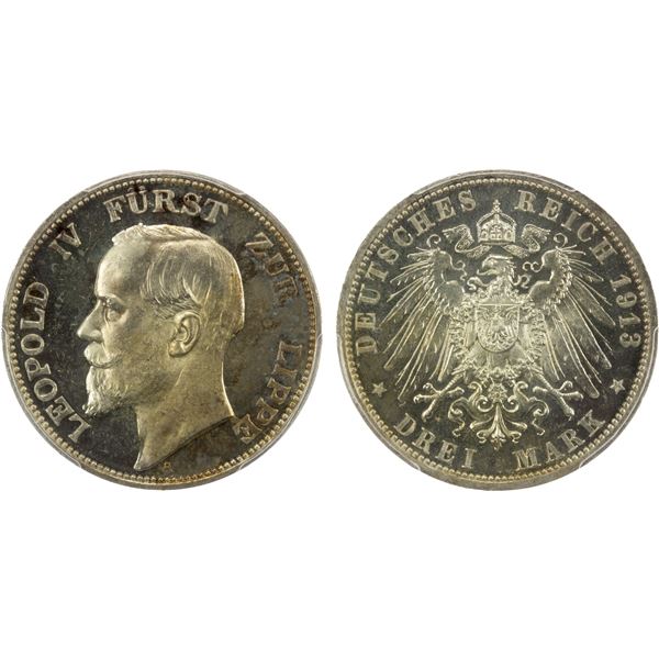 LIPPE-DETMOLD: Leopold IV, 1905-1918, AR 3 mark, Berlin, 1913-A, PCGS Proof 64 CAM