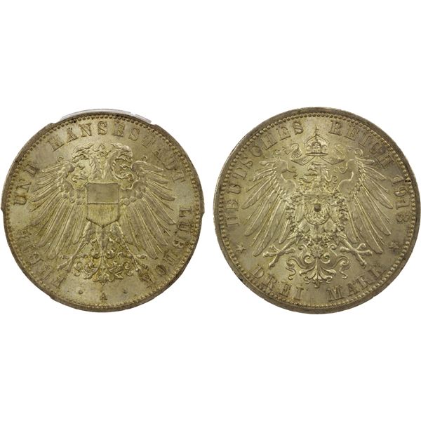 LÜBECK: Free City, AR 3 mark, Berlin, 1913-A, PCGS MS66