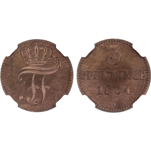 MECKLENBURG-SCHWERIN: Friedrich Franz II, 1842-1883, AE 3 pfennig, 1864-A, NGC PF65 RB