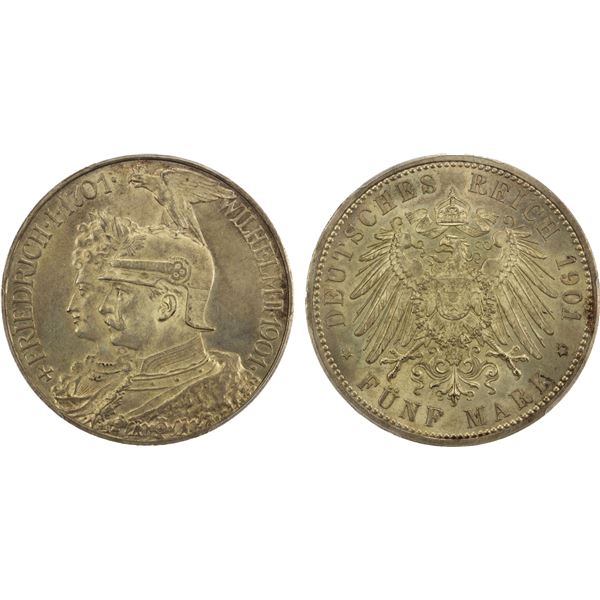 PRUSSIA: Wilhelm II, 1888-1918, AR 5 mark, 1901, PCGS MS65