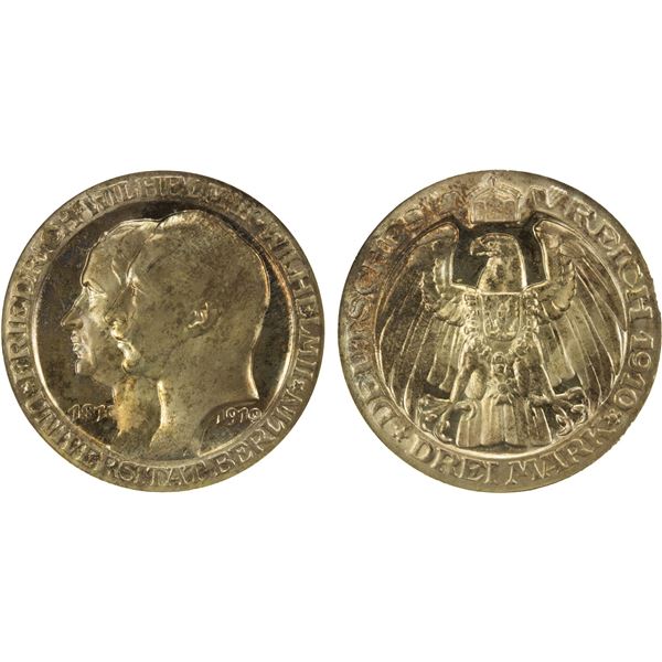 PRUSSIA: Wilhelm II, 1888-1918, AR 3 mark, 1910, PCGS Proof 65