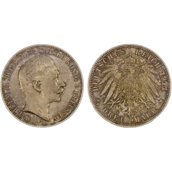 PRUSSIA: Wilhelm II, 1888-1918, AR 3 mark, Berlin, 1911-A, ICG graded MS67