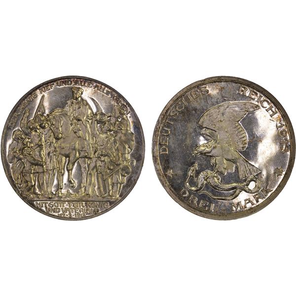 PRUSSIA: Wilhelm II, 1888-1918, AR 3 mark, 1913, PCGS Proof 64