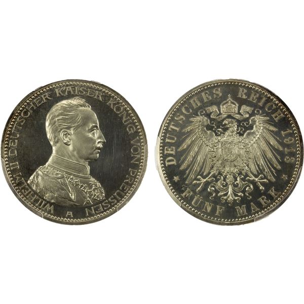PRUSSIA: Wilhelm II, 1888-1918, AR 5 mark, Berlin, 1913-A, PCGS Proof 64 Cameo