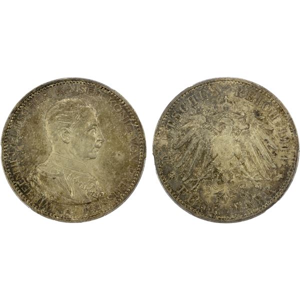 PRUSSIA: Wilhelm II, 1888-1918, AR 5 mark, 1914-A, PCGS MS65