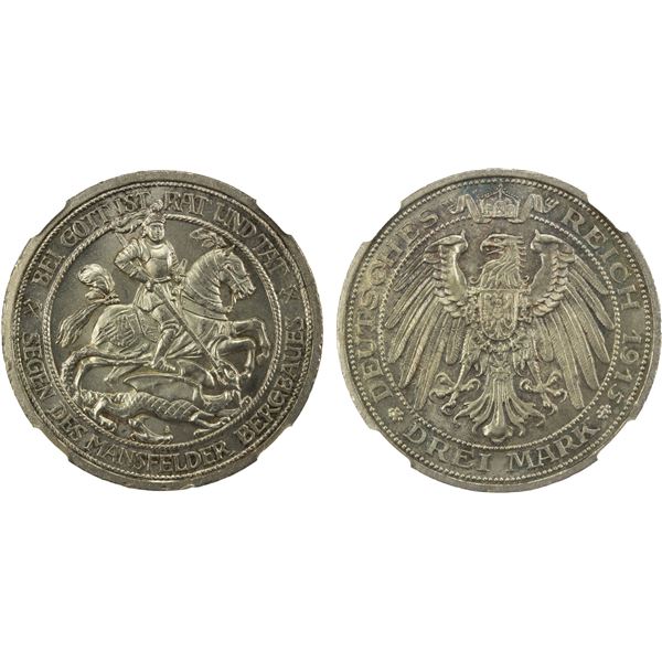 PRUSSIA: Wilhelm II, 1888-1918, AR 3 mark, 1915-A, NGC MS65